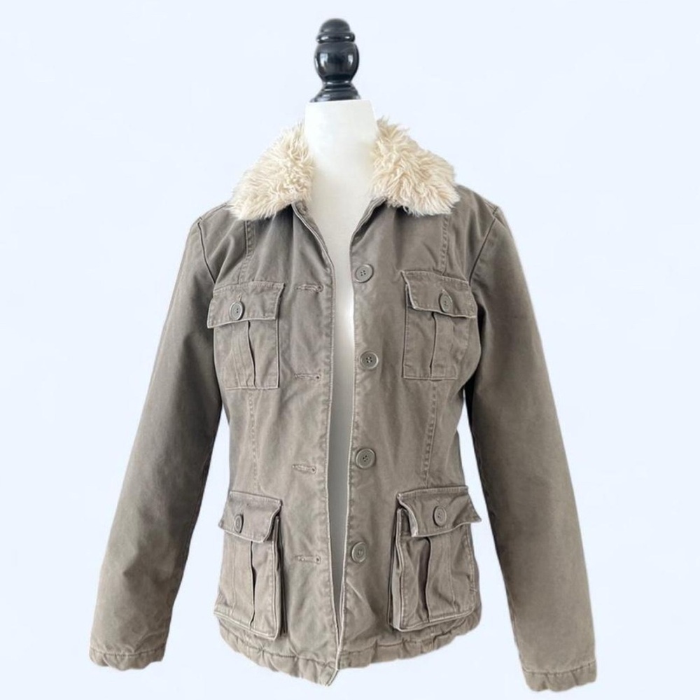 Vintage 90s Roots Olive Green Military Utility Faux Fur Jacket Small